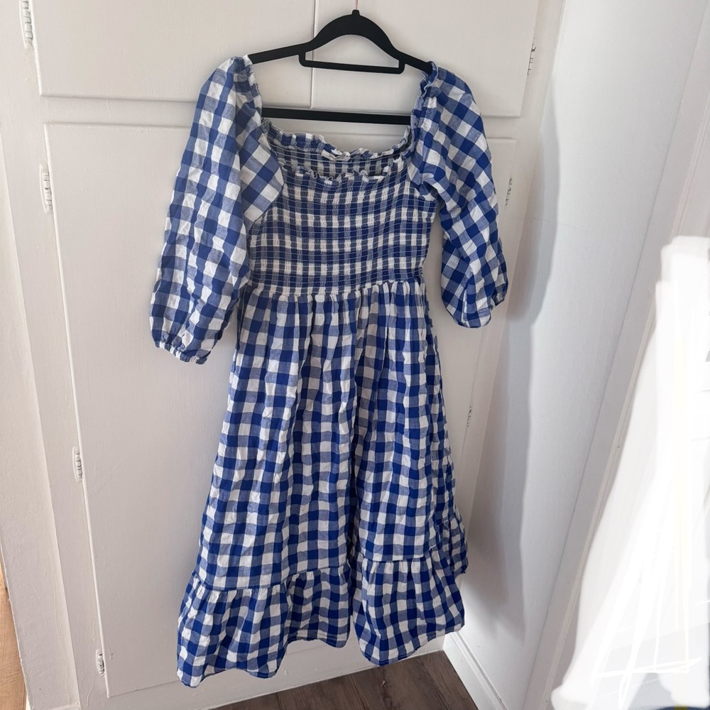 Blue and White Gingham Smocked Midi Dress with Puff Sleeves